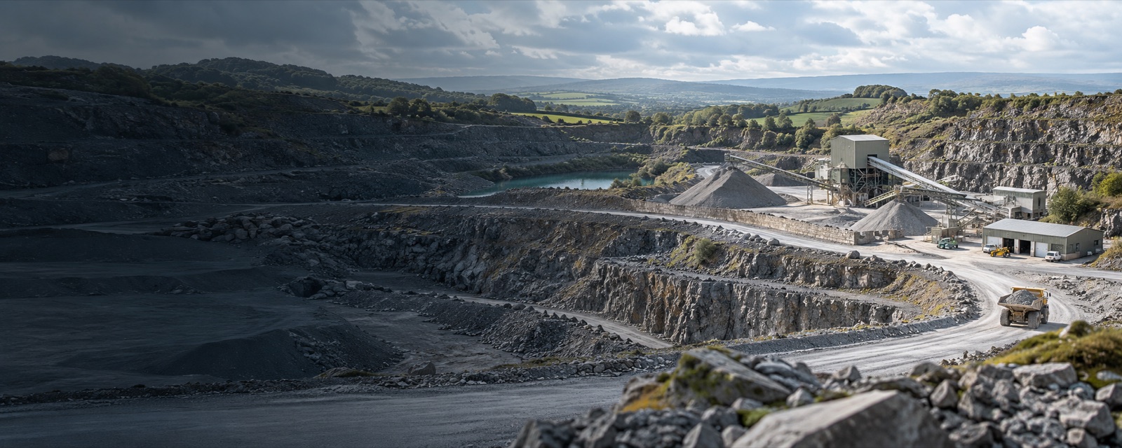 Operational UK quarry with terraced rock faces, haul roads, processing equipment and a workshop